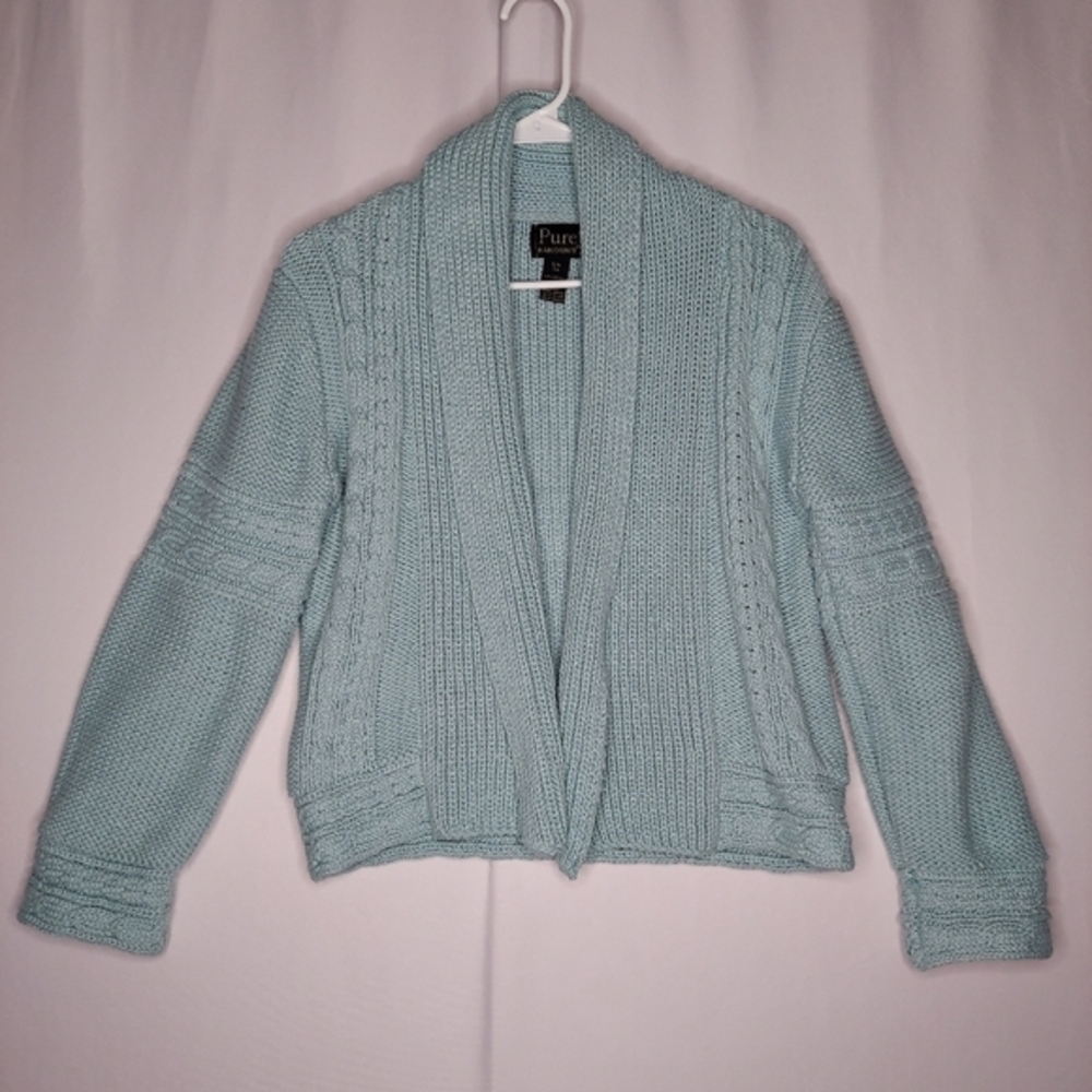 Pure Handknit Cable Knit Cardigan Women S/M‎ Blue Chunky Cotton Open Collar